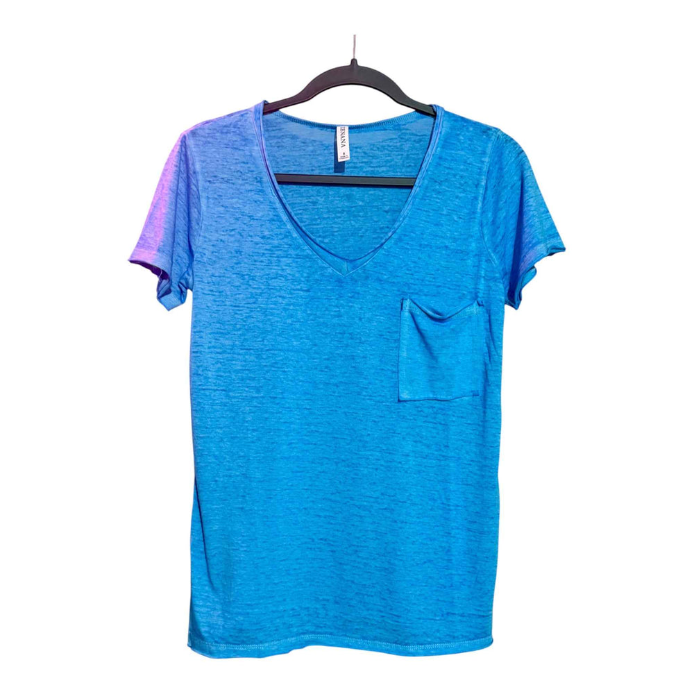 Zenana V-Neck Distressed Pocket Tee