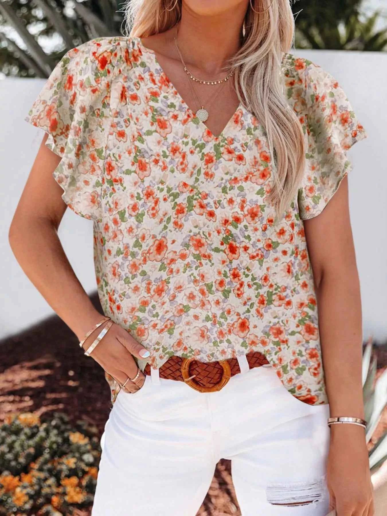 Full Size Floral Print Flutter Sleeve V-Neck Blouse Plus Size