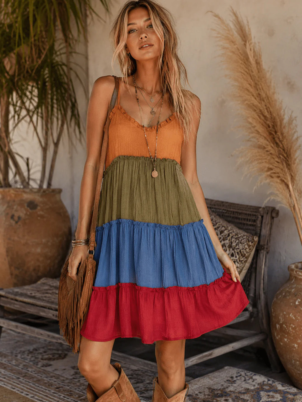 Women's Tiered Colorblock Mini Dress | Sleeveless V-Neck