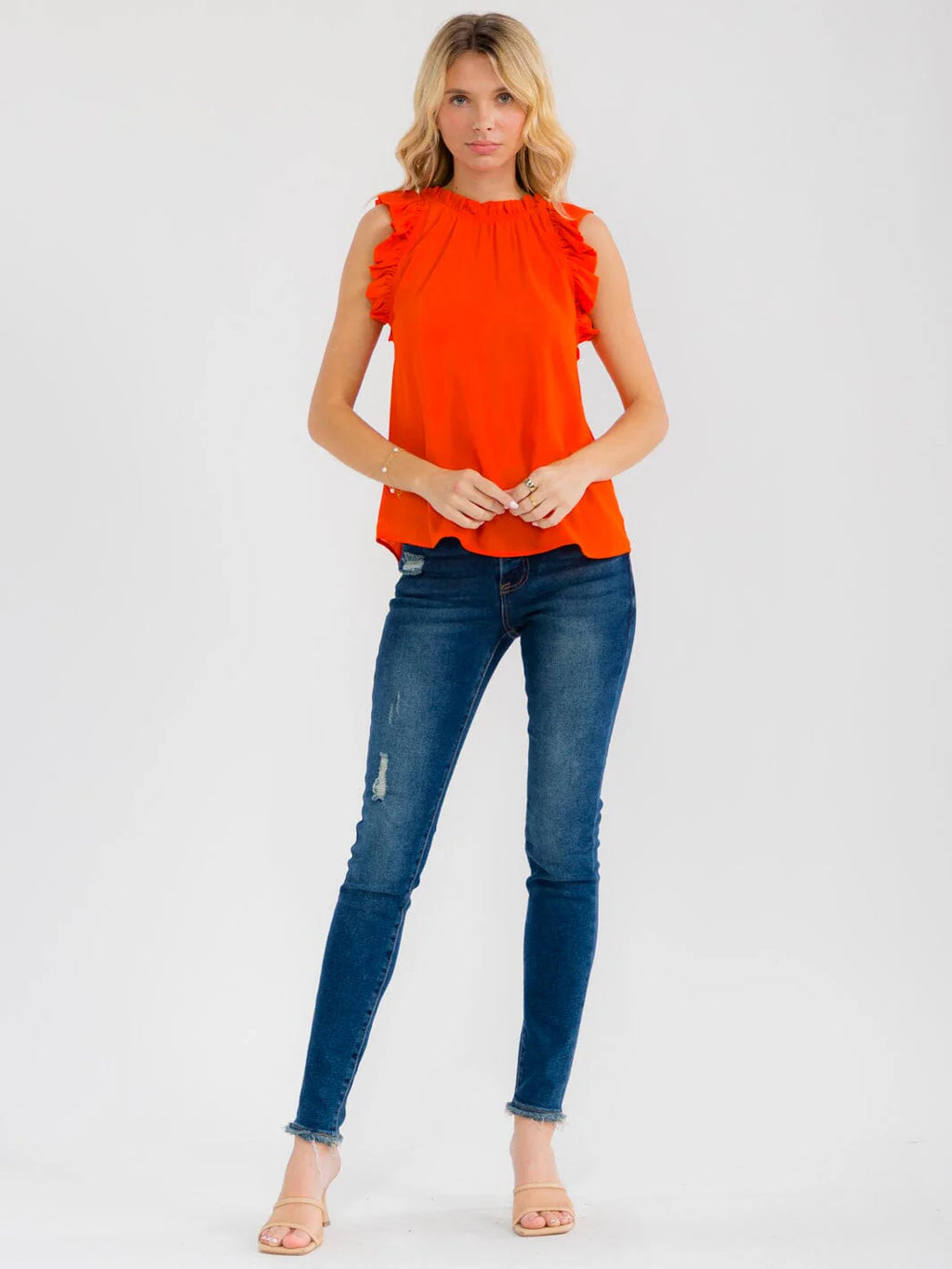 Blue Pepper Ruffle Sleeve Blouse with Neck Trim Detail