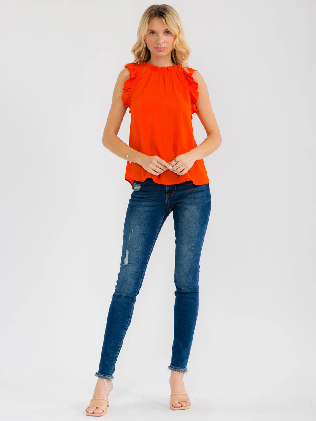 Blue Pepper Ruffle Sleeve Blouse with Neck Trim Detail