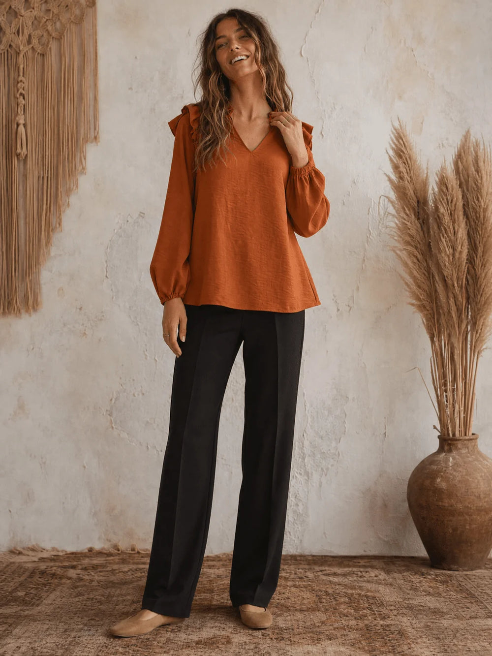 Teal & Burnt Orange V-Neck Blouse – Soft Work Wear