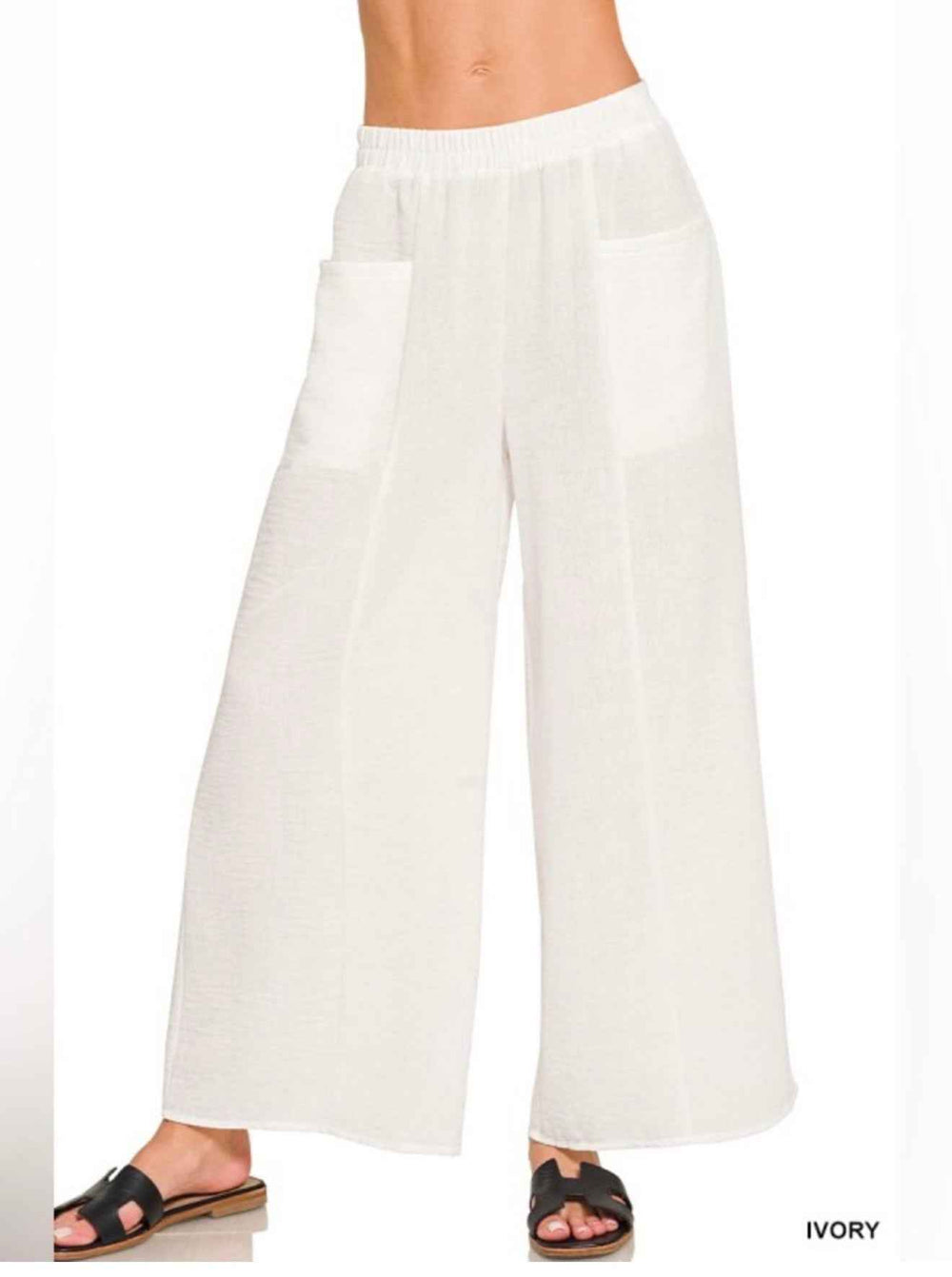 Zenana White Linen-Blend Wide-Leg Pants with Pockets