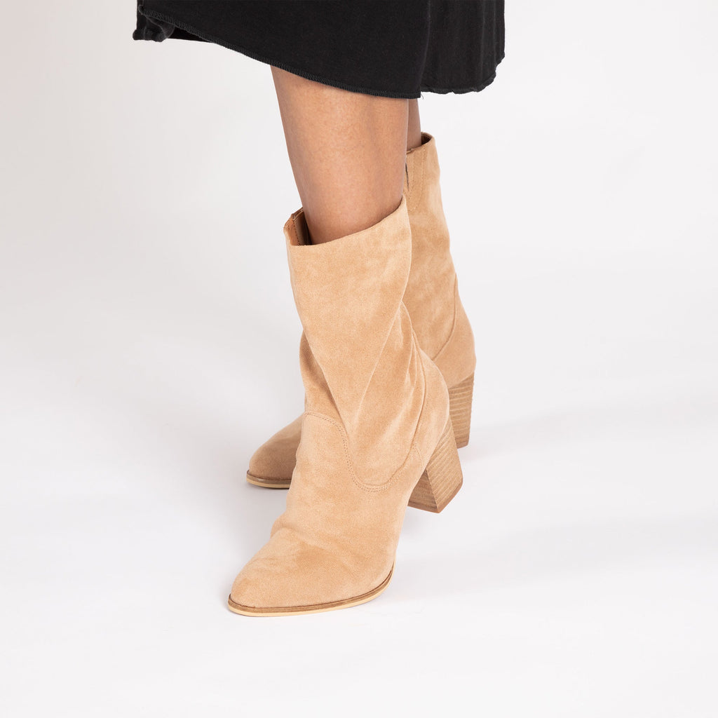 Corkys Wicked Block Heel Dress Booties Faux Suede Comfortable Women Shoes