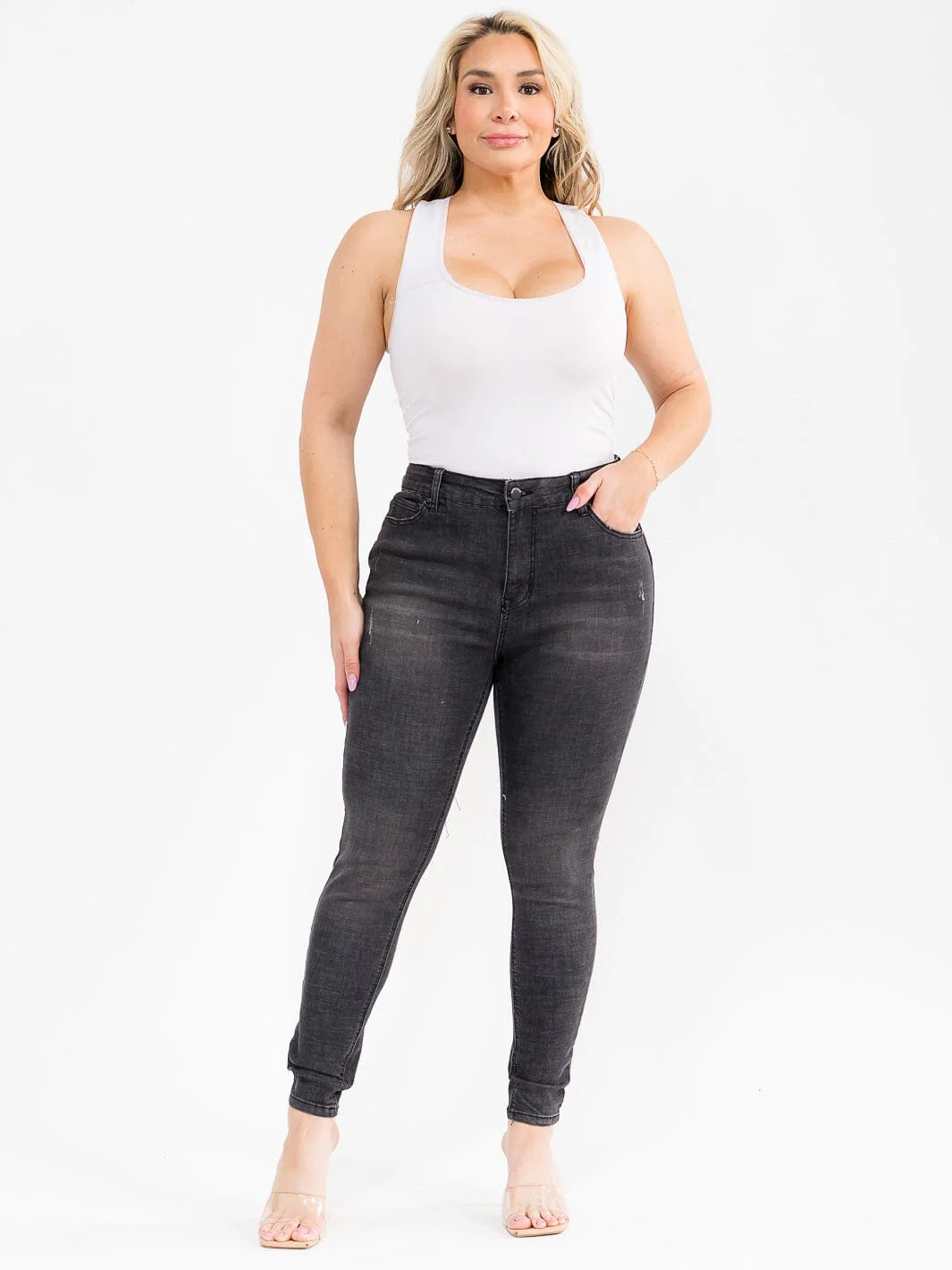 Haute Curve Washed Denim Skinny Jeans | Plus Size Stretch Pants with Button Closure