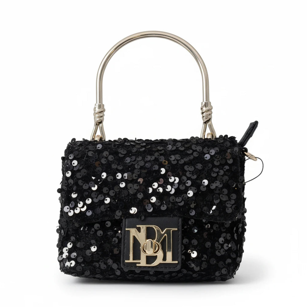 Badgley Mischka Black Sequin Evening Bag with Metal Handle