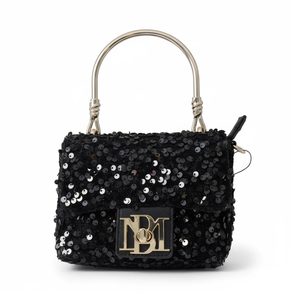 Badgley Mischka black sequin evening bag with a curved gold-tone metal handle and BM logo, front view