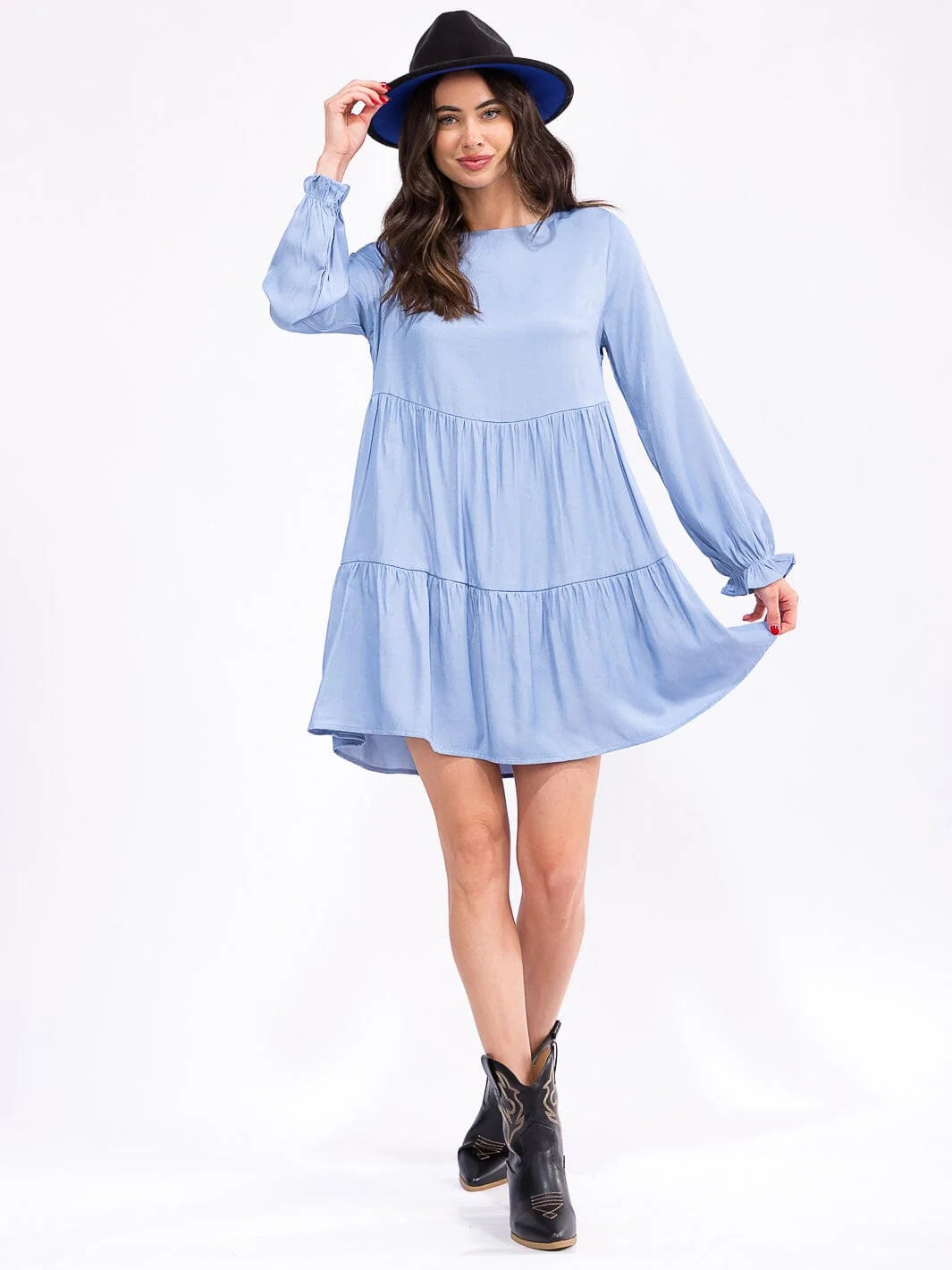Blue Chambray Tiered Long-Sleeve Dress