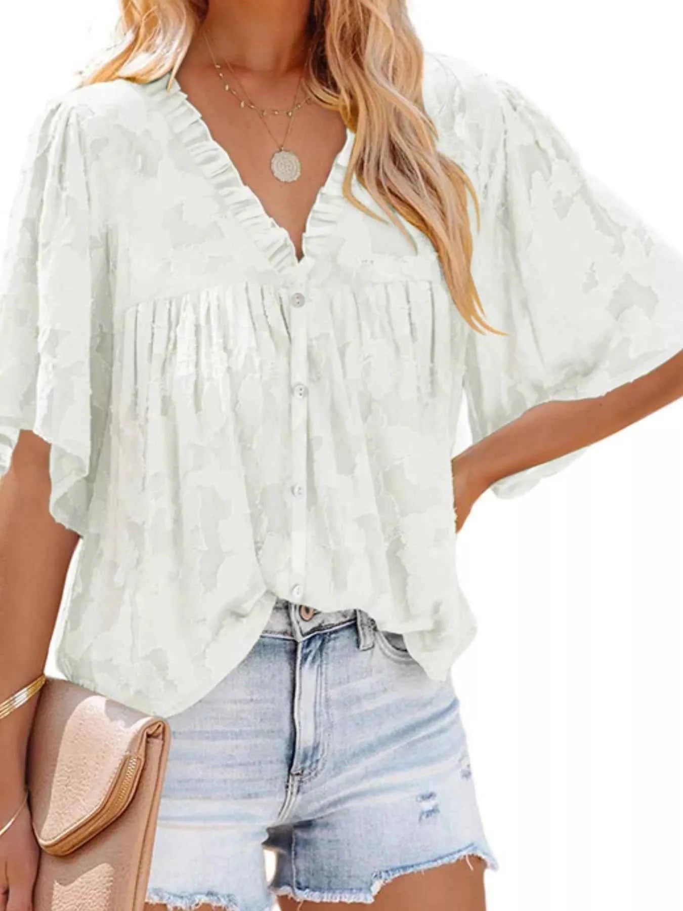 Full Size Textured V-Neck Button-Down Shirt Plus Size