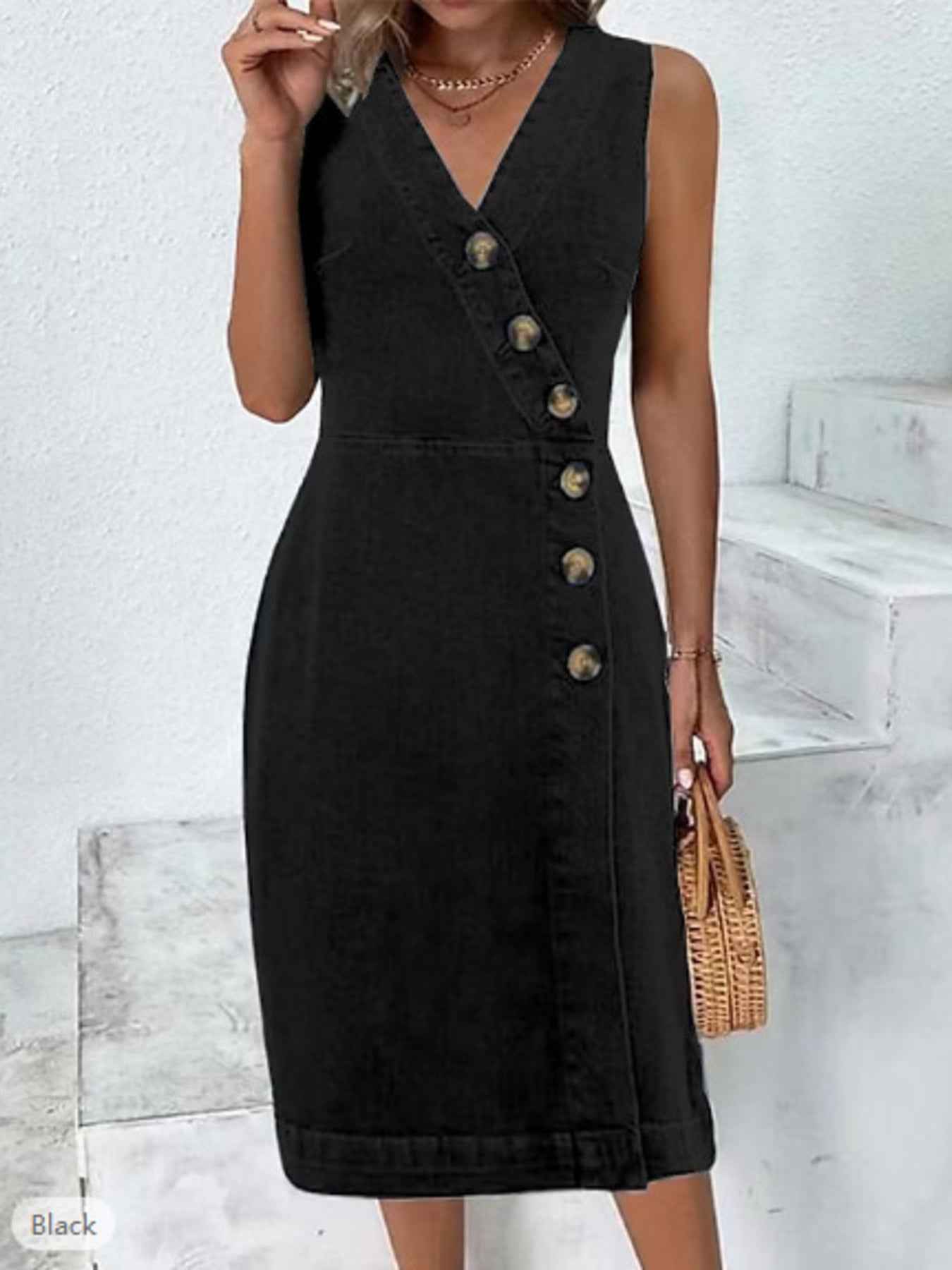 Button-Front Sleeveless Denim Dress