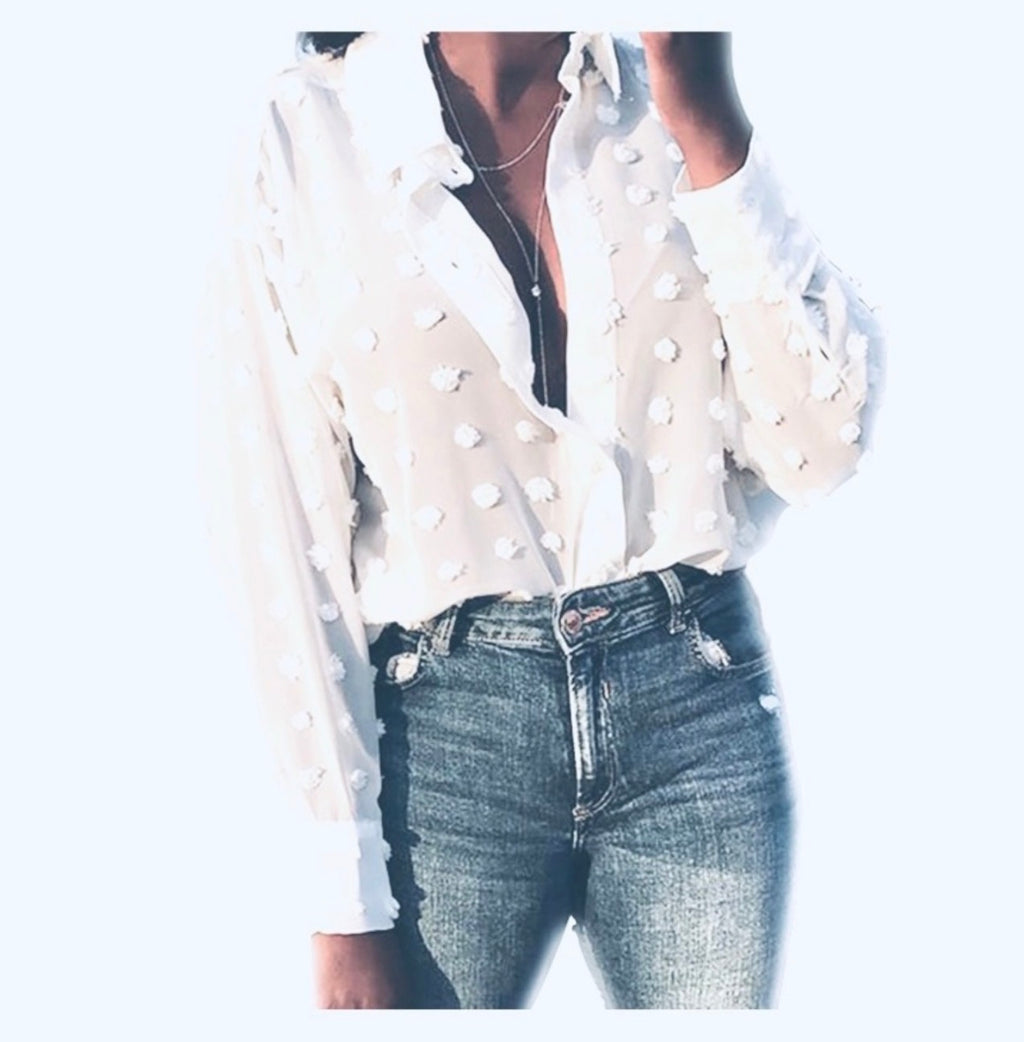 Vine & Love White Sheer Pom Pom Blouse - Balloon Sleeves