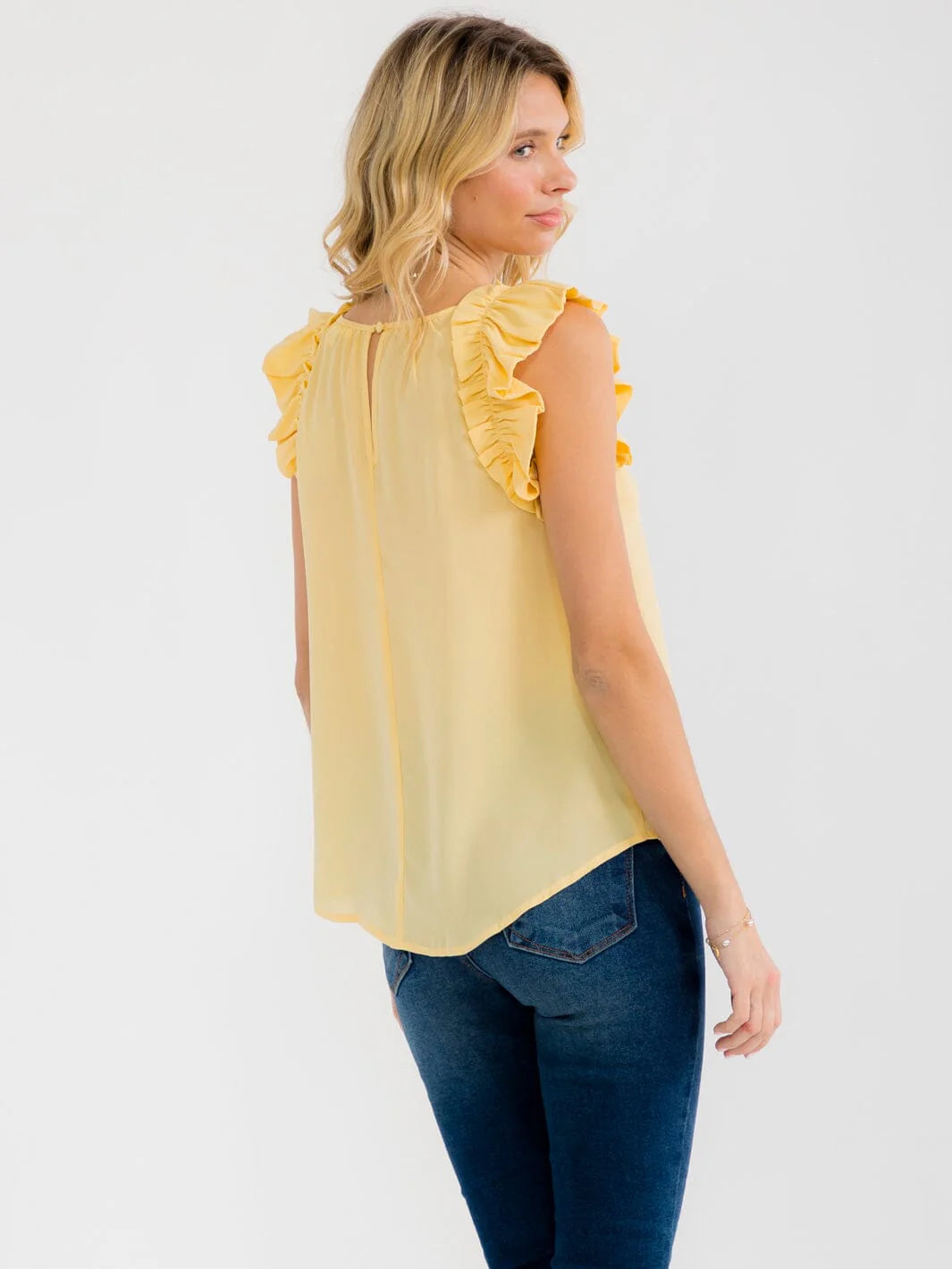 Blue Pepper Ruffle Sleeve Blouse with Neck Trim Detail