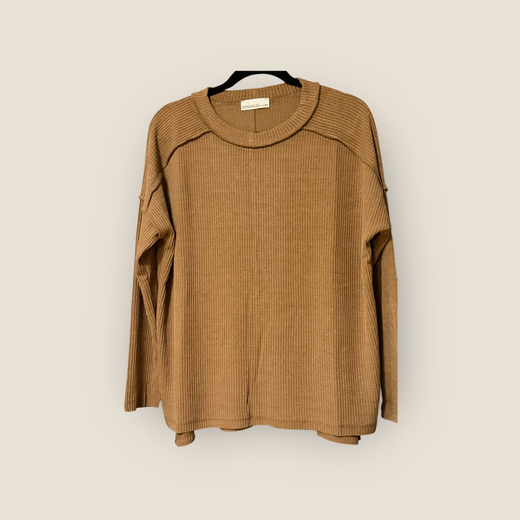 Zenana Exposed Seam Ribbed Knit Top - Long Sleeve Hi-Lo Tunic with Side Slits