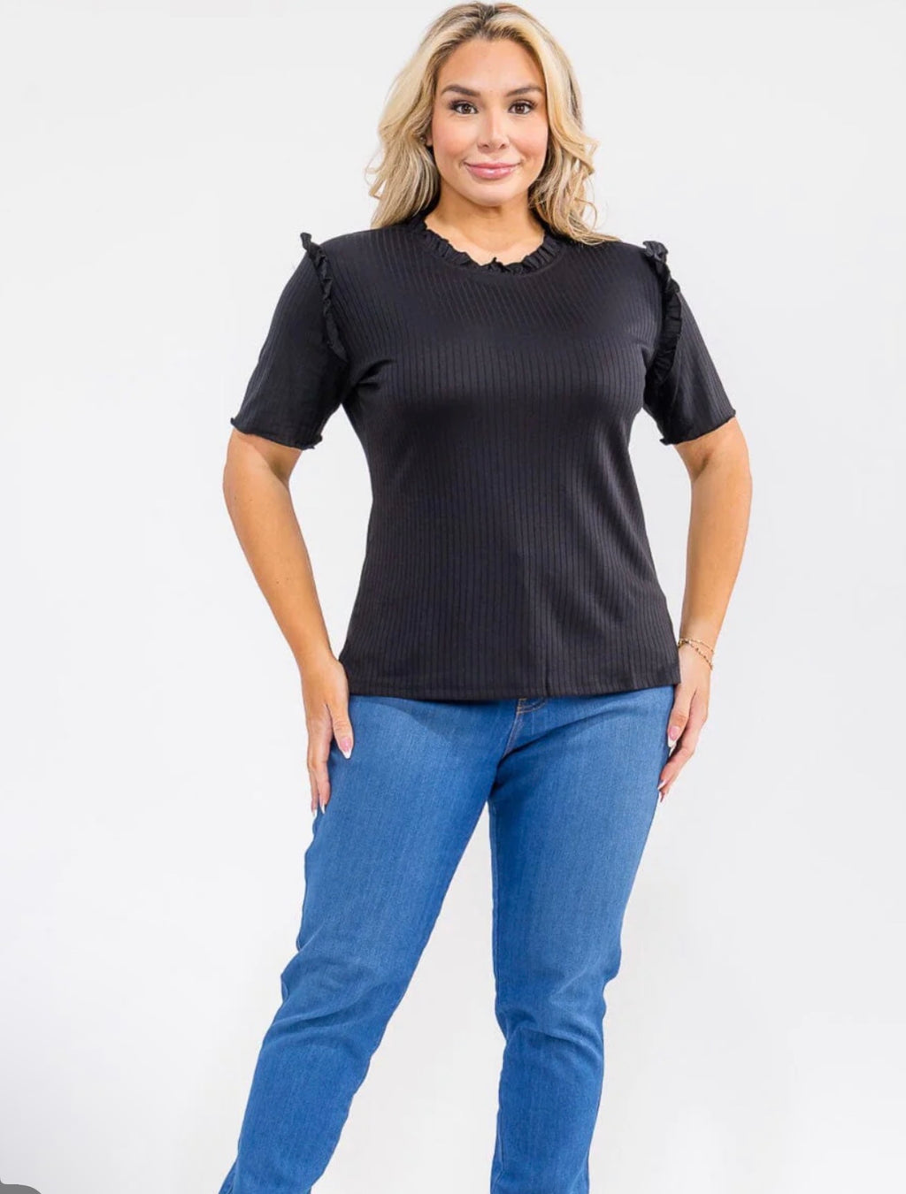 Plus Size Short Sleeve Ruffle Ribbed Top
