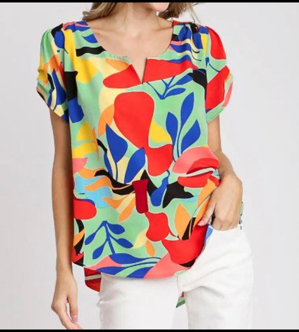 Umgee Abstract Print Short Sleeve Blouse