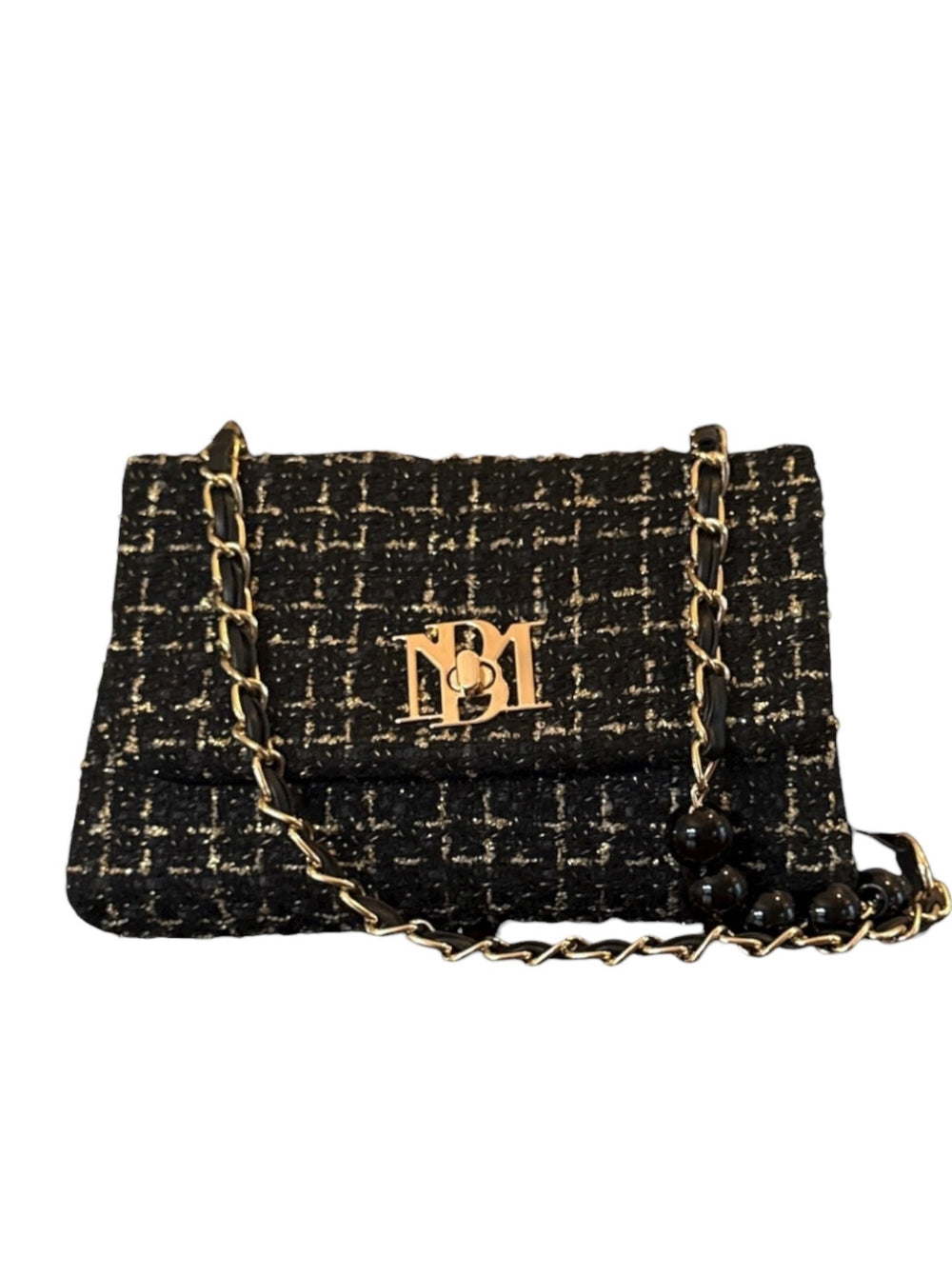 Badgley Mischka Tweed Messenger Bag – Gold Hardware & Pearl Chain