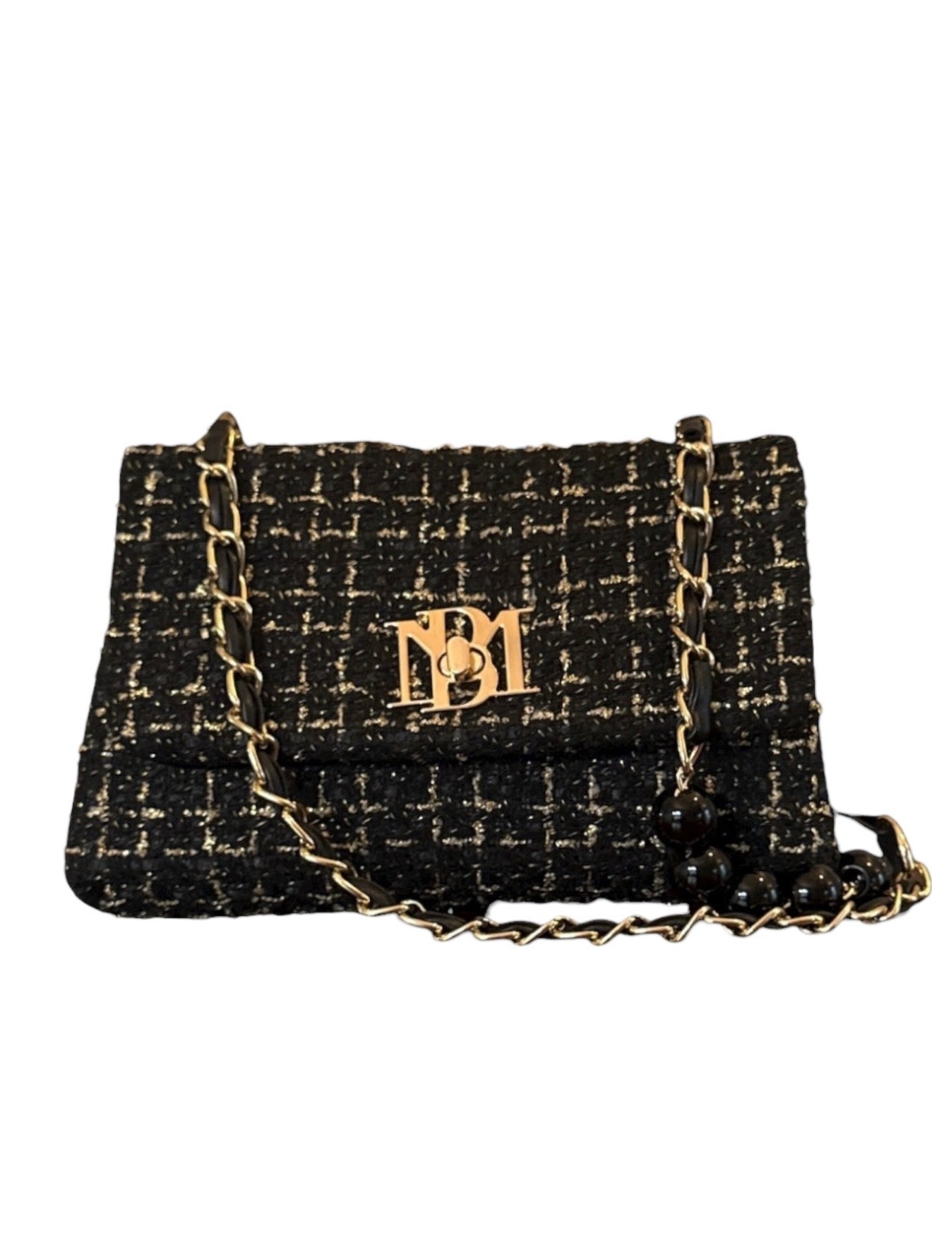 Badgley Mischka Tweed Messenger Bag – Gold Hardware & Pearl Chain