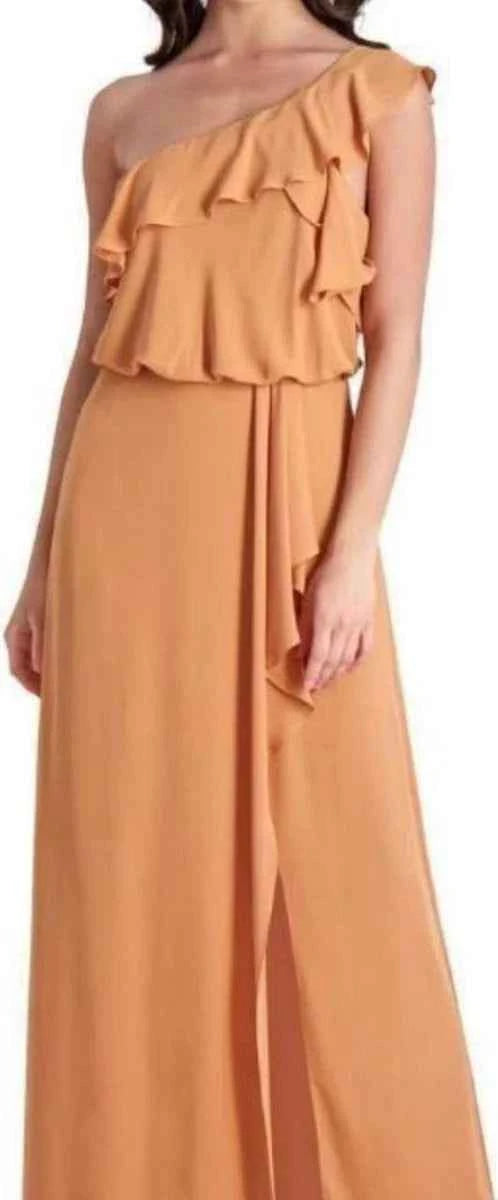 BCBGMAXAZRIA Terracotta One-Shoulder Ruffle Maxi Dress – Wedding Guest