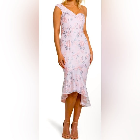 Bariano Pink Floral Embroidered One-Shoulder High/Low Dress