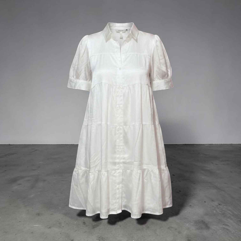 Heyson White Rhinestone Tiered Shirt Dress – Short-Sleeve Mini