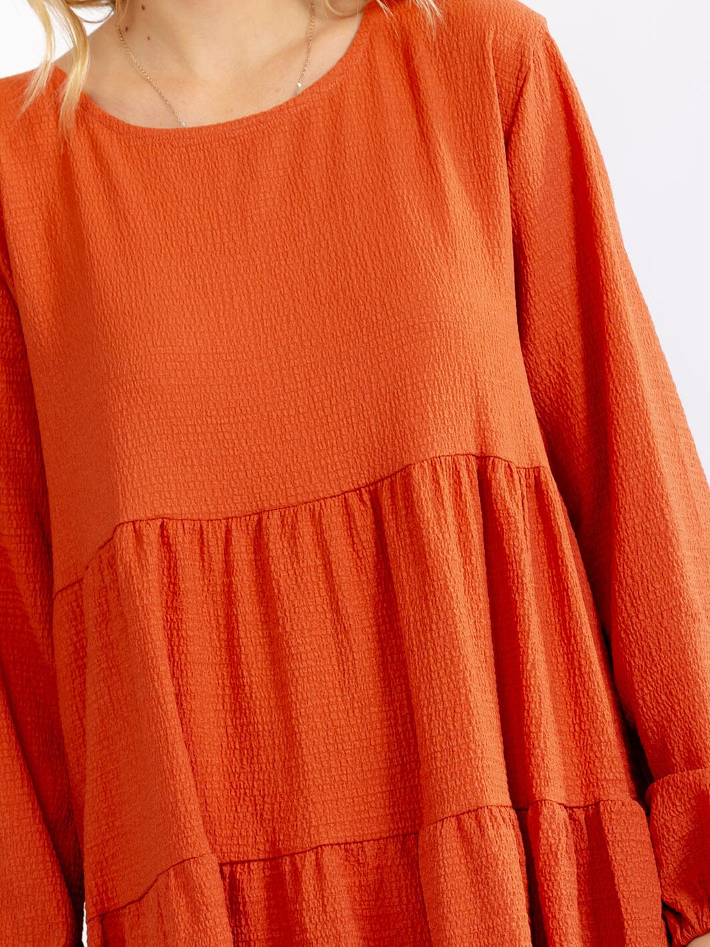 Burnt Orange Tiered Long-Sleeve Mini Dress