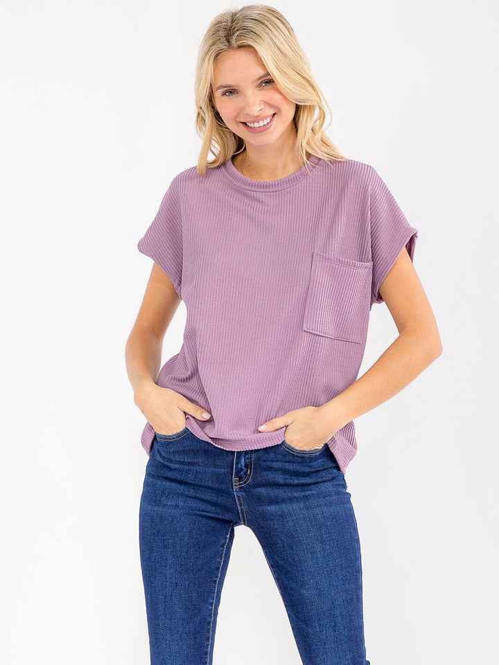 Ribbed-Knit Short-Sleeve Pocket Tee