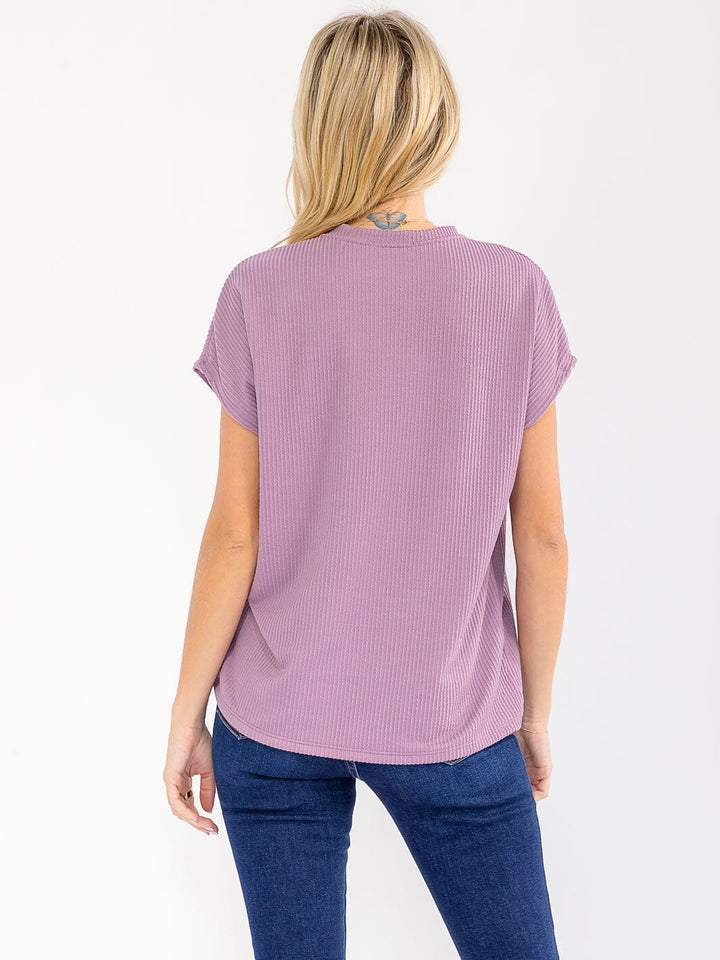 Women's Ribbed Knit Short Sleeve Top with Front Pocket