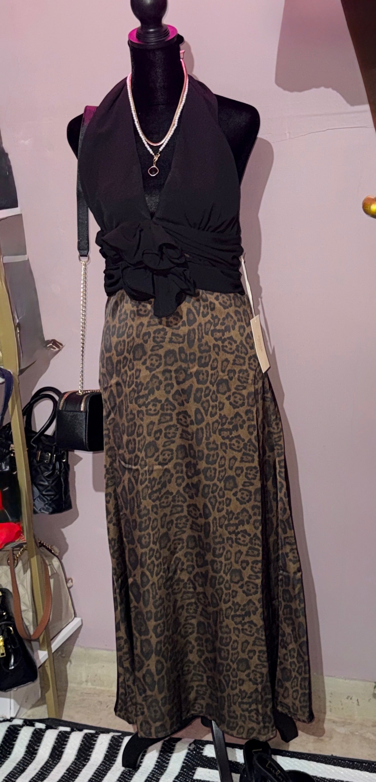 Arose Studio Leopard Halter Maxi Dress – Corset Waist