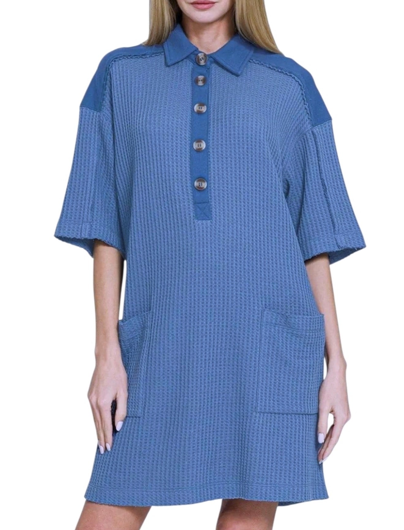 Zenana Waffle Knit Half-Button Dress with Pockets | S–L