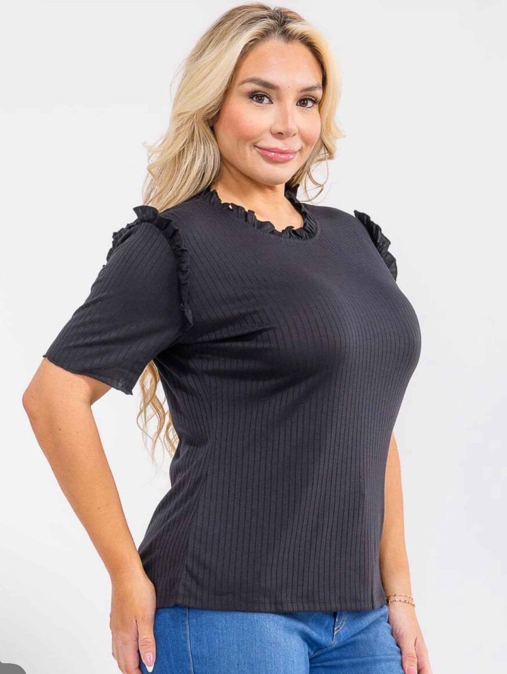 Hayden Plus-Size Ribbed Ruffle-Sleeve Top