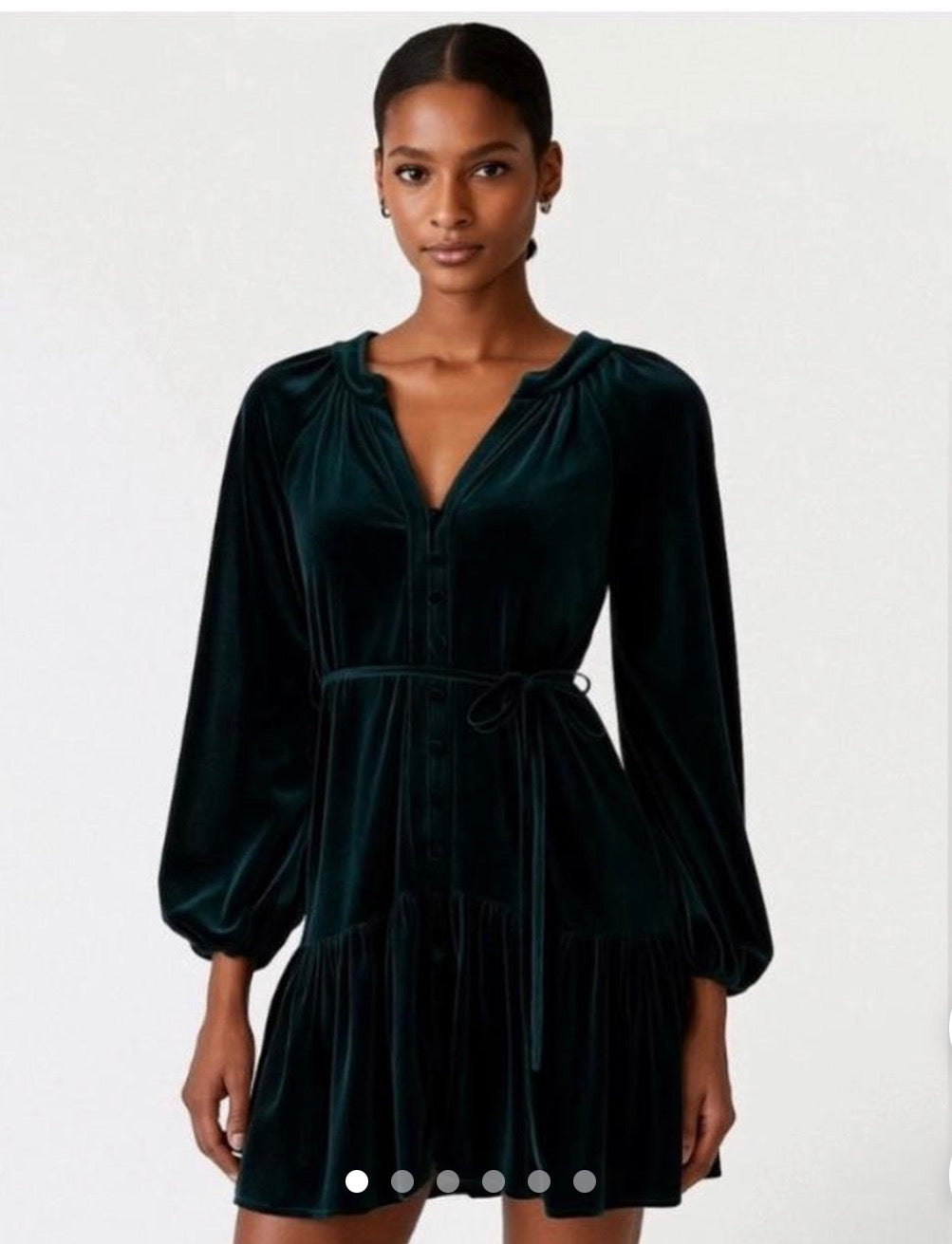 Alex Marie V-Neck Dark Green Velvet Long Sleeve Button Front Dress Chic Holiday Party