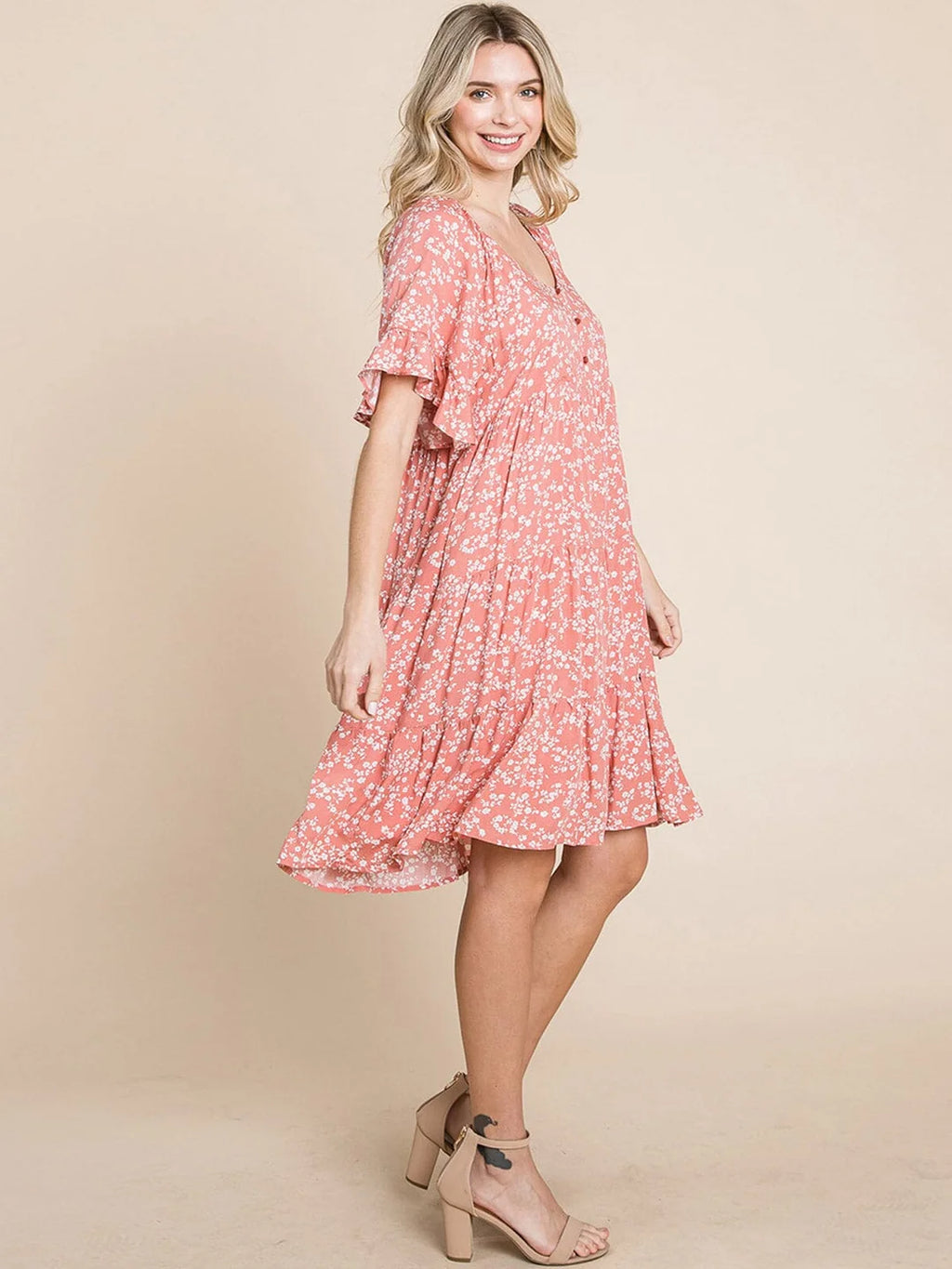 Floral Tunic Mini Dress with Button Front & Pockets