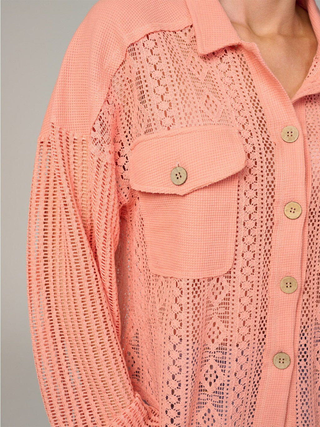 Women's Long Sleeve Lace & Knit Button-Up Blouse with Front Pockets