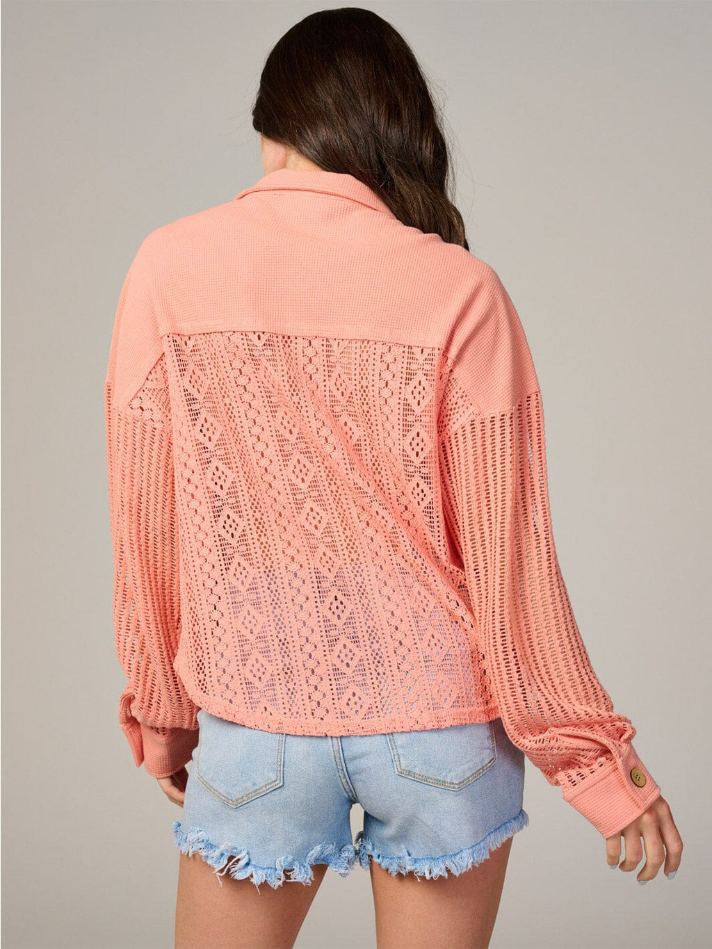 Women's Long Sleeve Lace & Knit Button-Up Blouse with Front Pockets