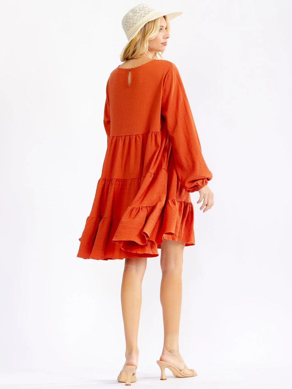 Burnt Orange Tiered Long-Sleeve Mini Dress