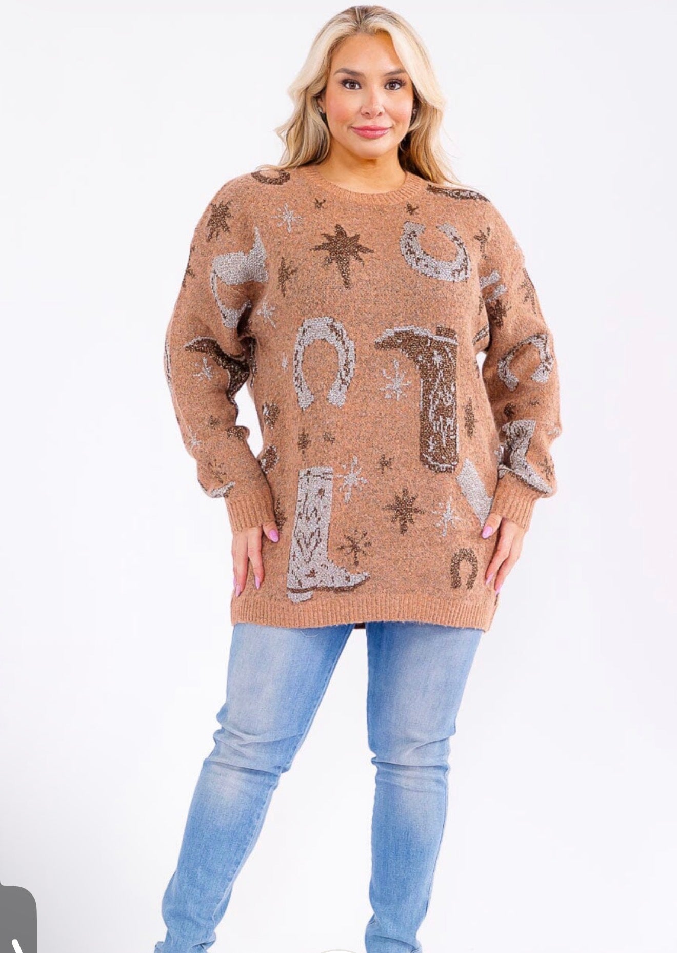 Entro Western Horseshoe & Boot Graphic Oversized Sweater | Plus Size Long Sleeve Pullover