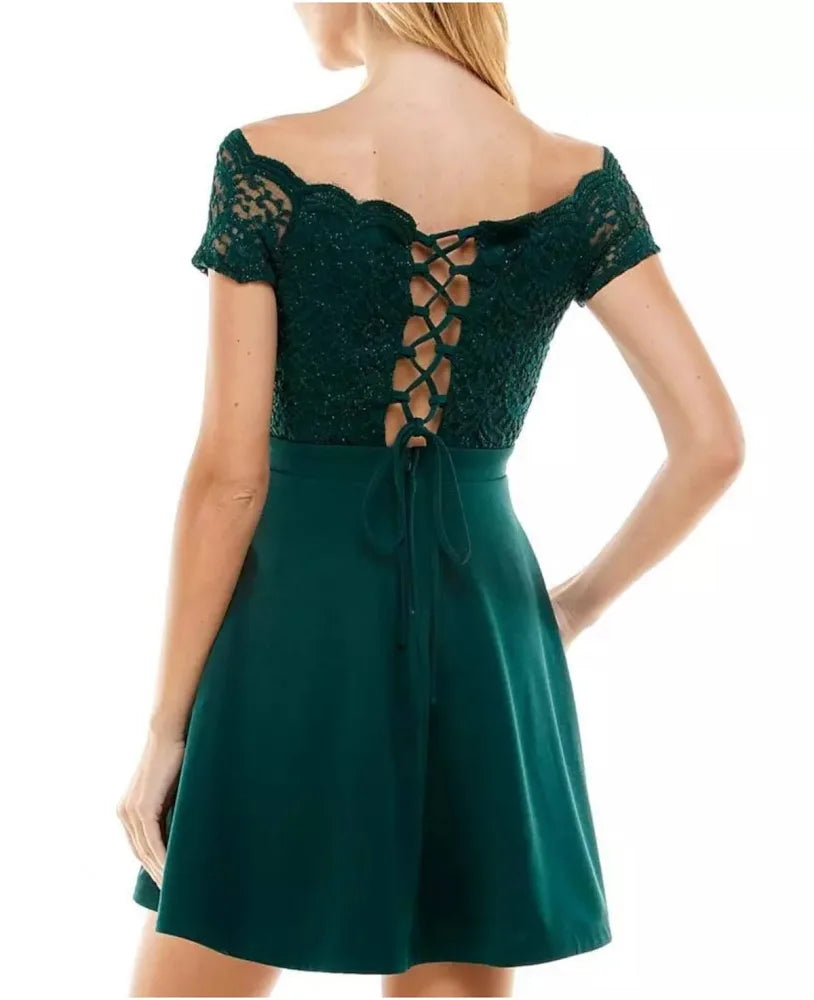 City Studio Womens Green Corset-laced Back Short Sleeve Short Dress
