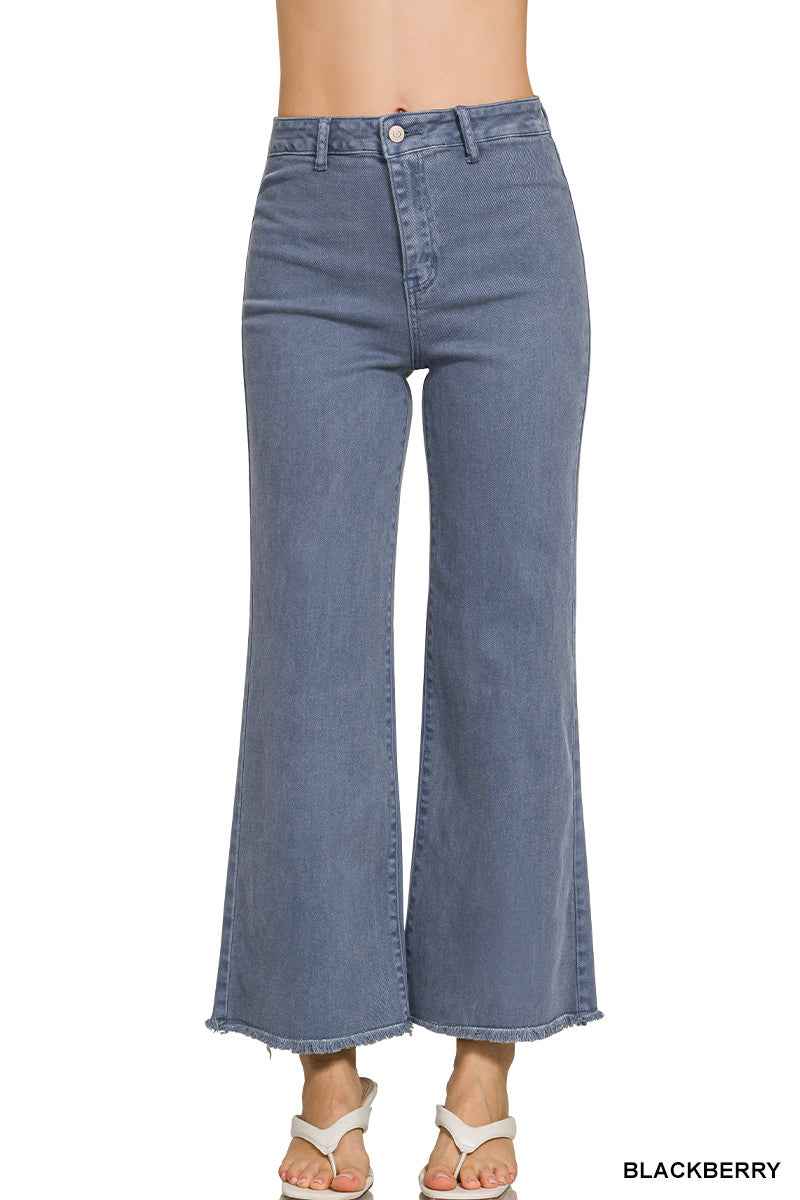 Zenana Acid Washed Frayed Hem Wide-Leg Pants