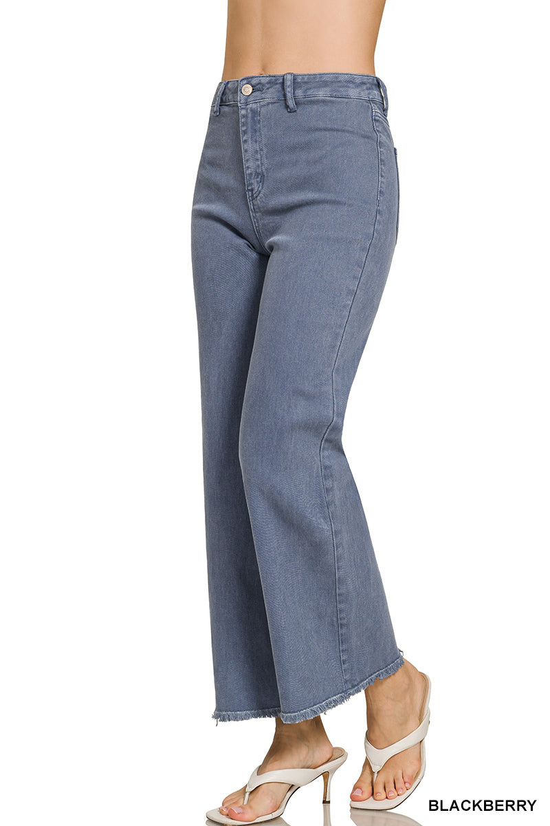 Zenana Acid Washed Frayed Hem Wide-Leg Pants