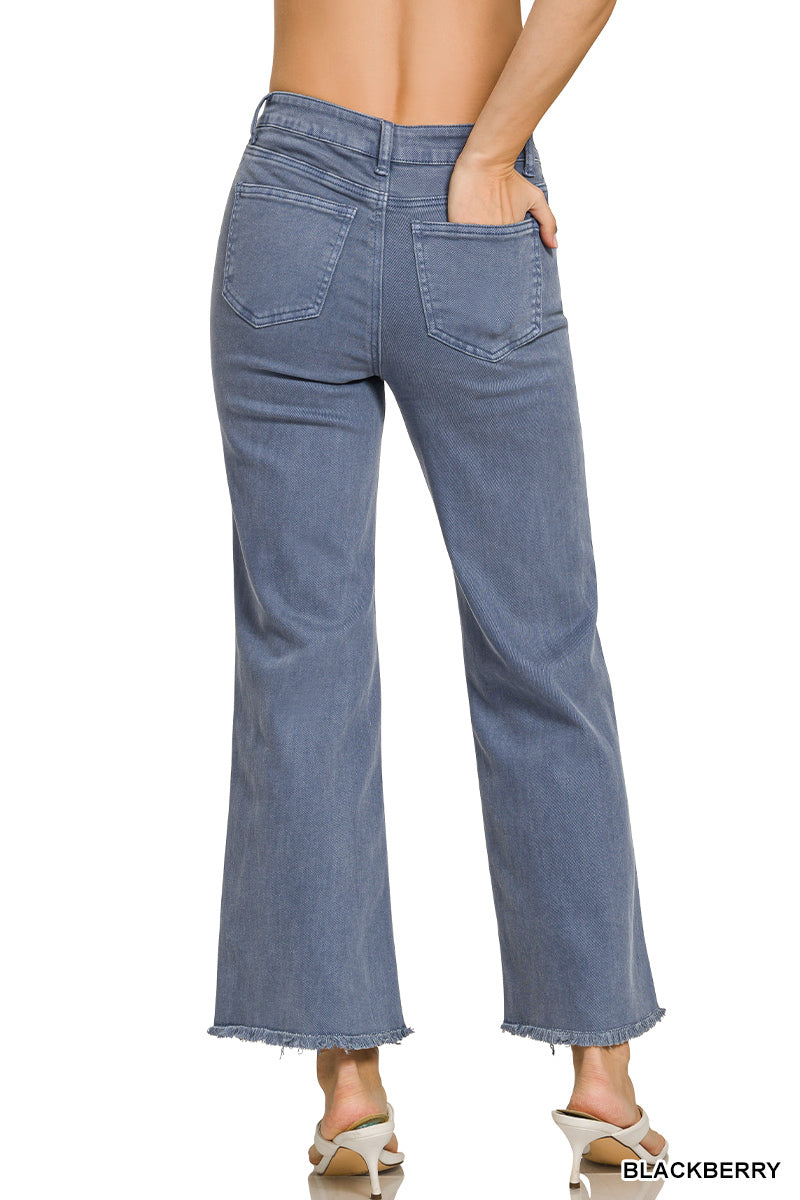 Zenana Acid Washed Frayed Hem Wide-Leg Pants
