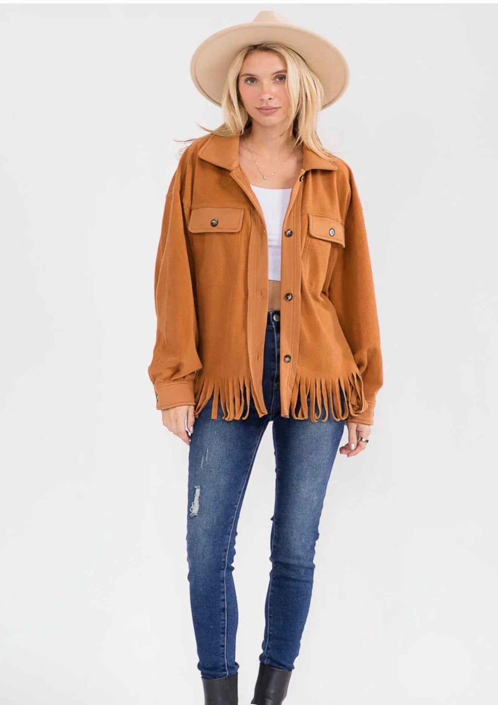 BIBI Western Fringe Button-Front Shacket – Camel