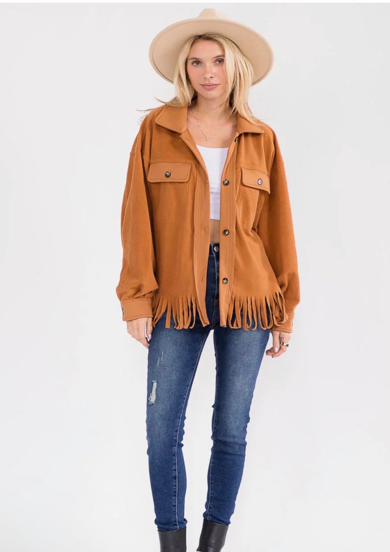 LONG SLEEVE BUTTON CLOSURE FRONT POCKETS FRINGE JACKET