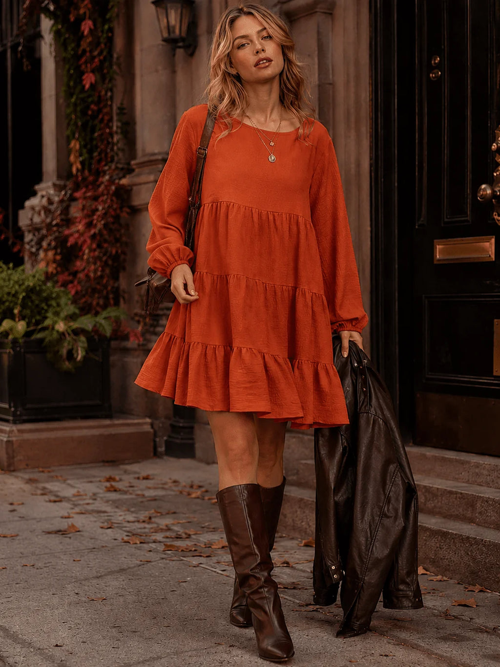 Burnt Orange Tiered Long-Sleeve Mini Dress