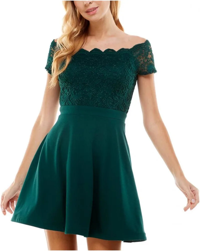 City Studio Womens Green Corset-laced Back Short Sleeve Short Dress