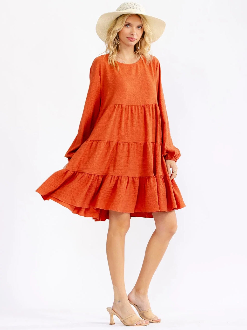 Burnt Orange Tiered Long-Sleeve Mini Dress