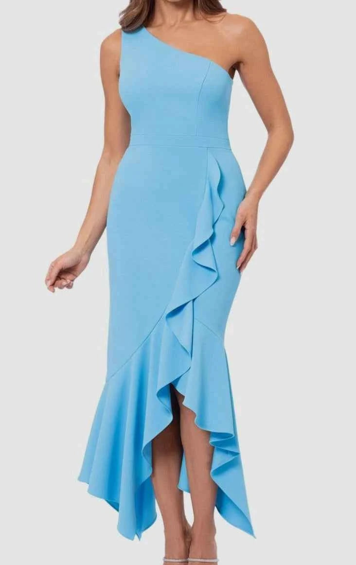 Xscape Blue One-Shoulder Ruffle Hi-Low Gown – Formal