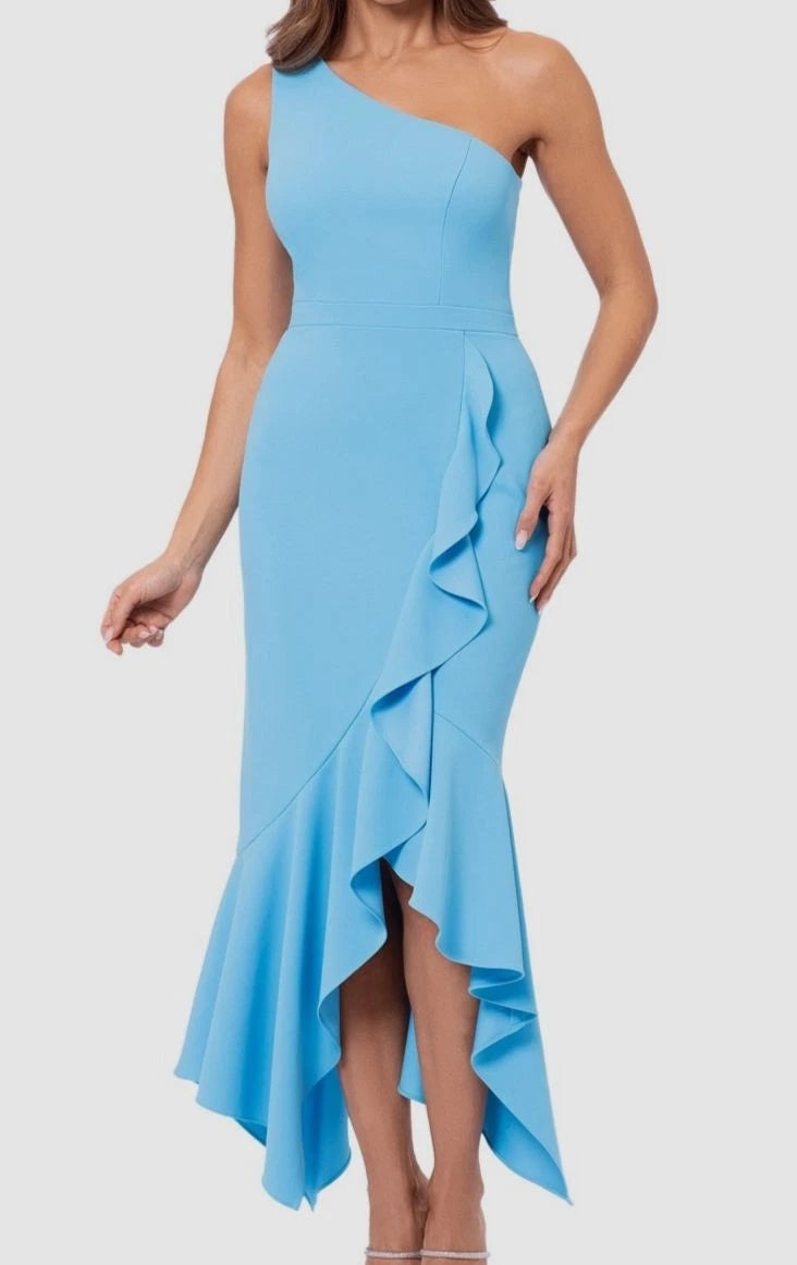 Xscape One-Shoulder Ruffled Hi-Low Gown in Blue