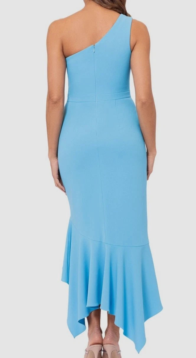 Xscape One-Shoulder Ruffled Hi-Low Gown in Blue