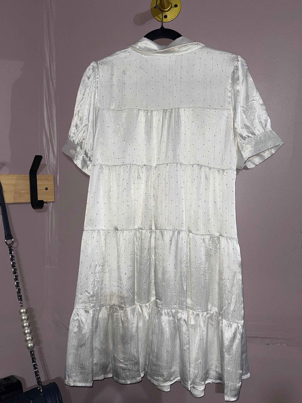 Heyson White Rhinestone Tiered Shirt Dress – Short-Sleeve Mini