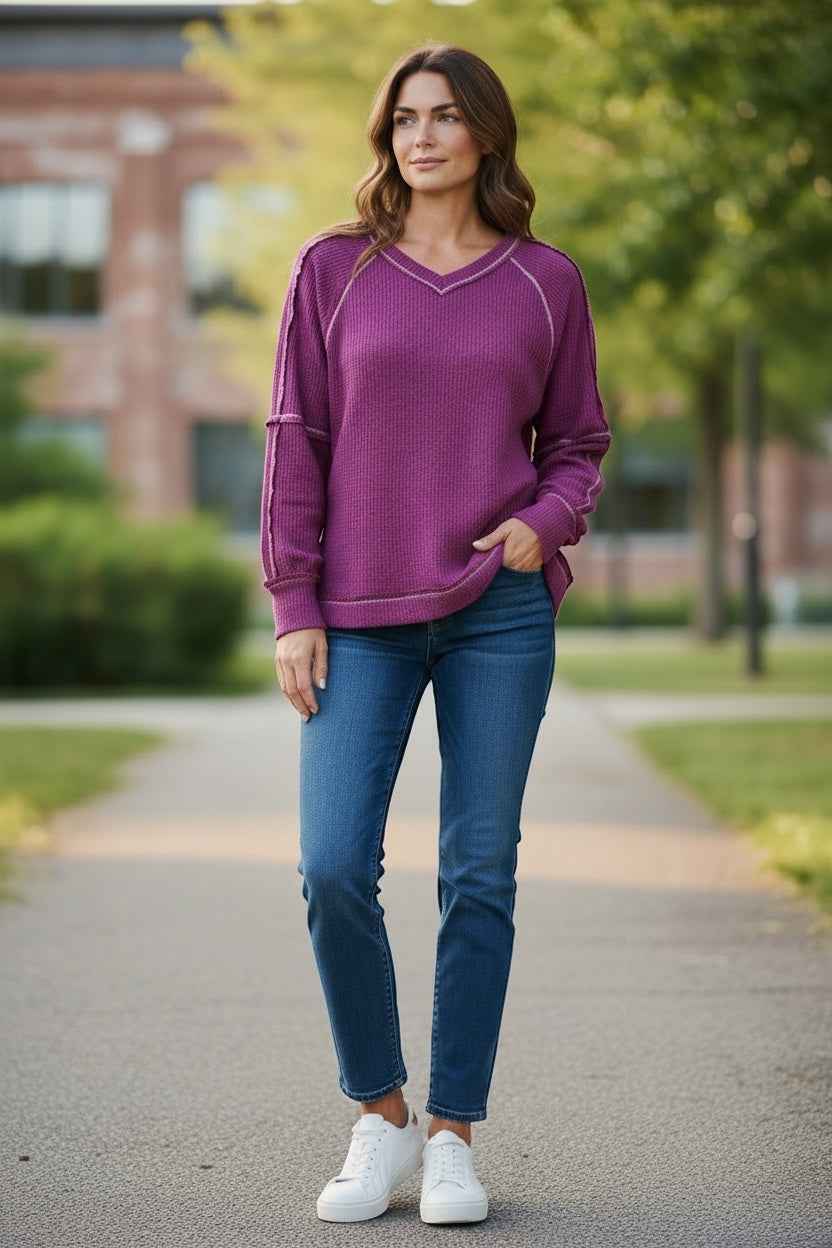 Exposed Seam Split Hem Knit Top - Contemporary Ribbed Sweater